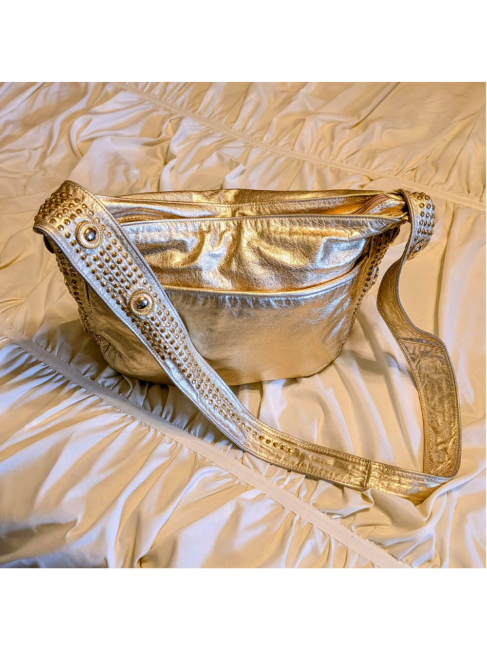 Y2K Gold Metallic Leather Studded Hobo Bag Lion Head Shoulder Bag Boho Edgy